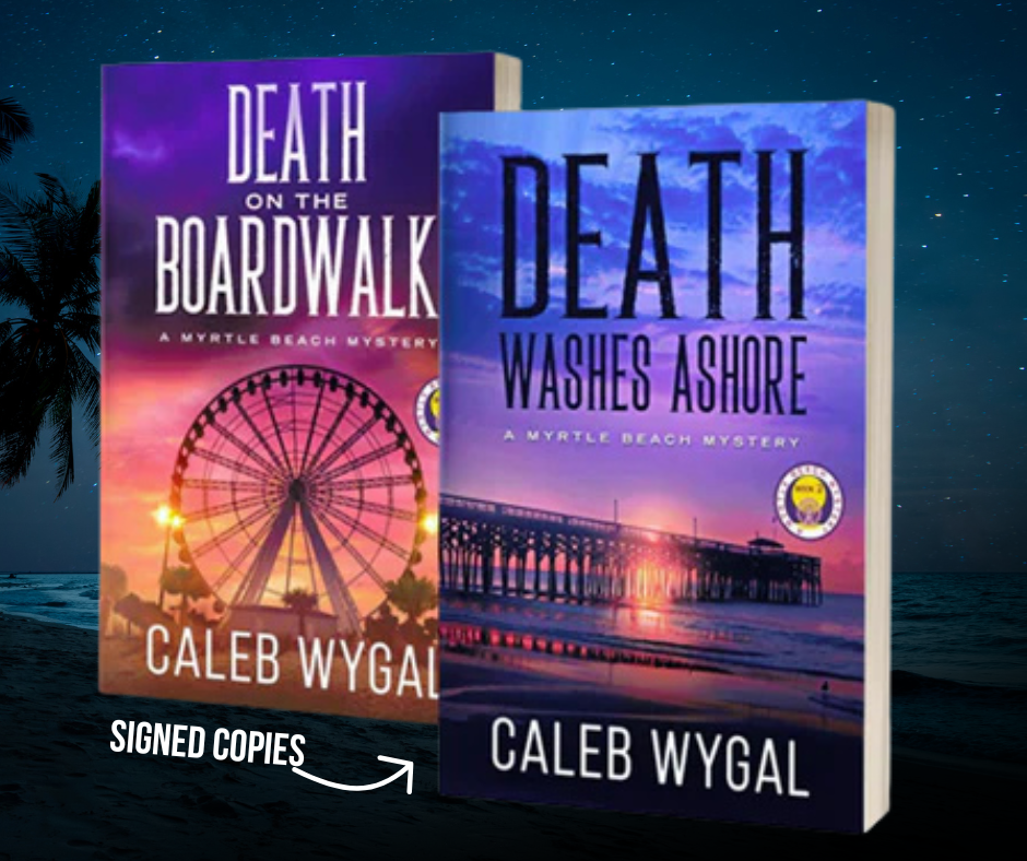 Two physical book covers for Caleb Wygal's 'Myrtle Beach Mystery' series are shown against a dark beach night background. The left book, 'Death on the Boardwalk', features a purple and pink ferris wheel sunset cover, and the right book, 'Death Washes Ashore', features a purple and blue pier sunset cover.